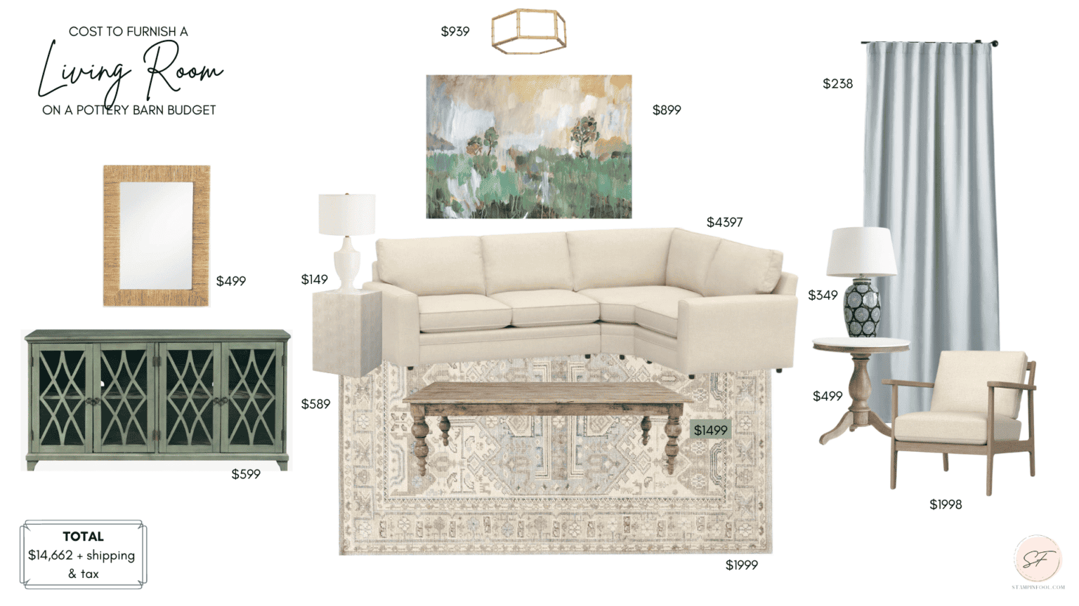 A image of various pieces of furniture and decor items with their prices, likely for a living room setting.
