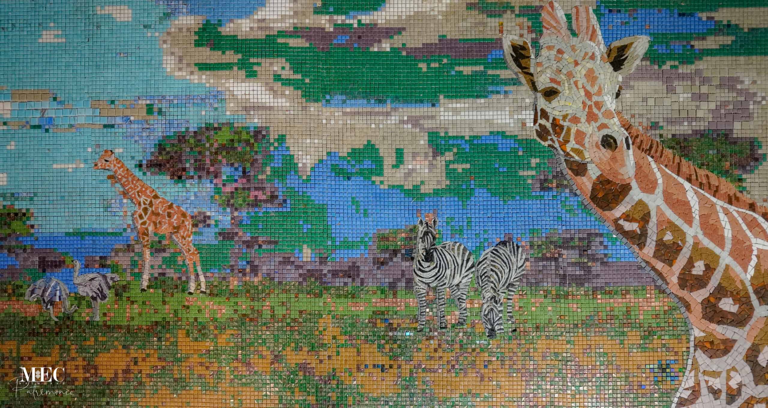 A colorful mosaic artwork depicting an African Savana's giraffe, zebras in a vibrant natural setting