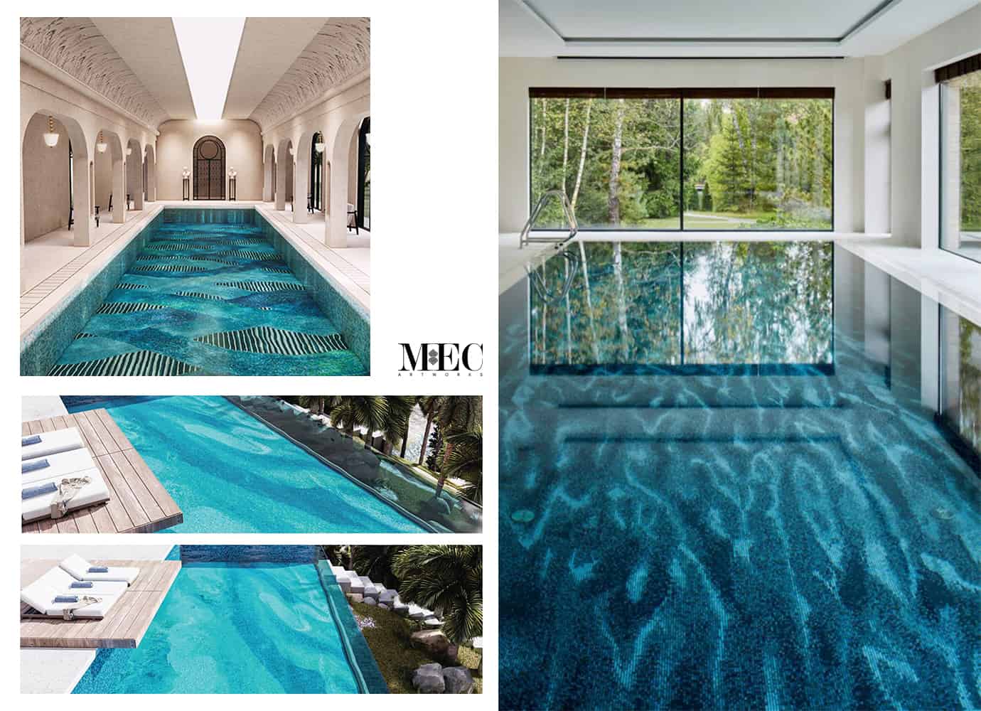 a collage of three pool mosaic design concepts in shades of blues and greens