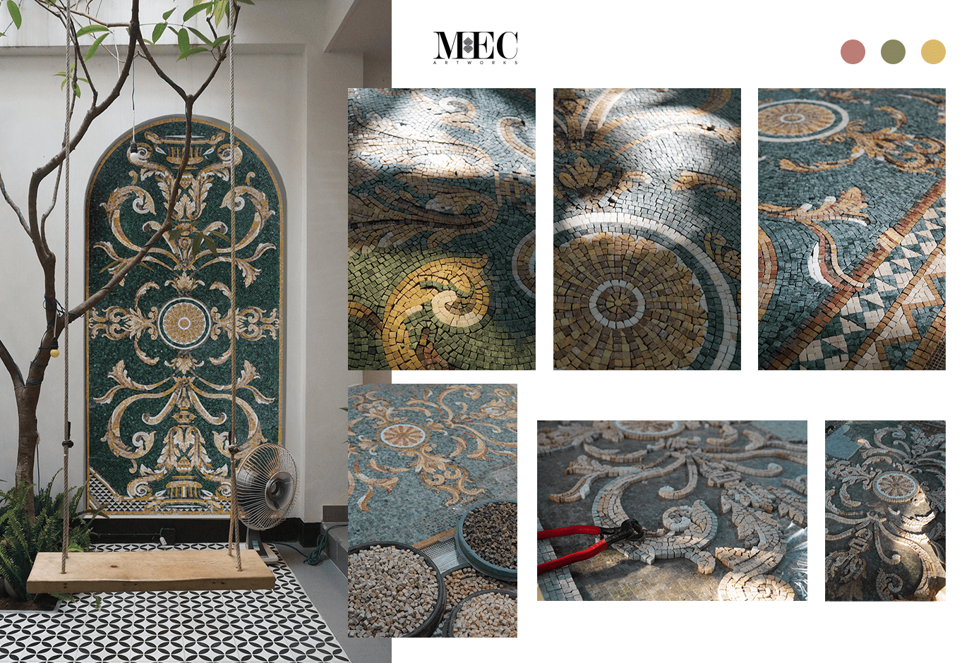 A collage of six photos showcasing a detailed mosaic wall niches artwork and its close-up.