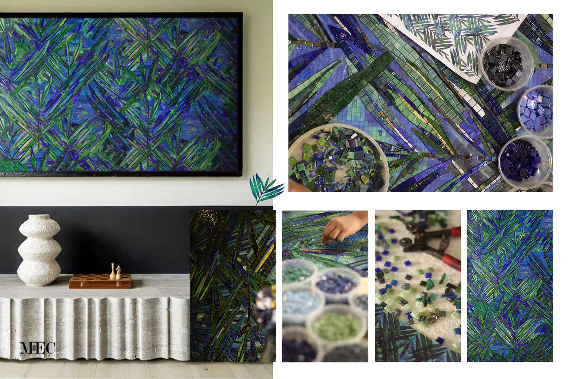 Creating a vibrant blue and green mosaic artwork with various tile colors and hand tools.