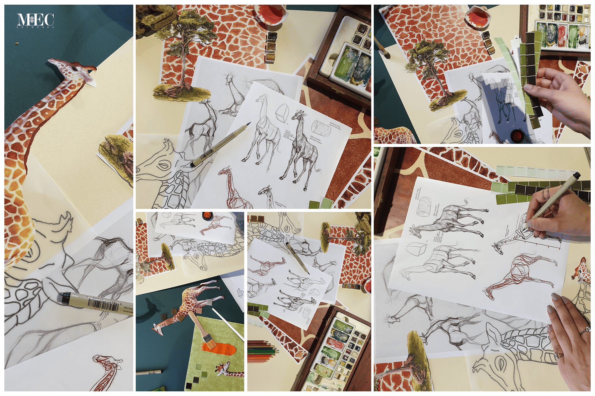 Creative process of designing a giraffe mosaic, featuring sketches, tile samples, and giraffe-patterned background.