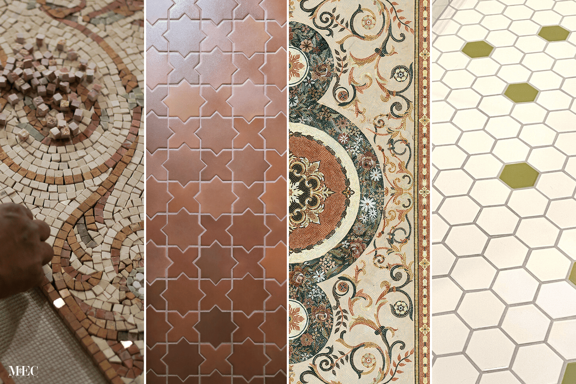 A collage comparison between mosaic tiles for floor and other tile options