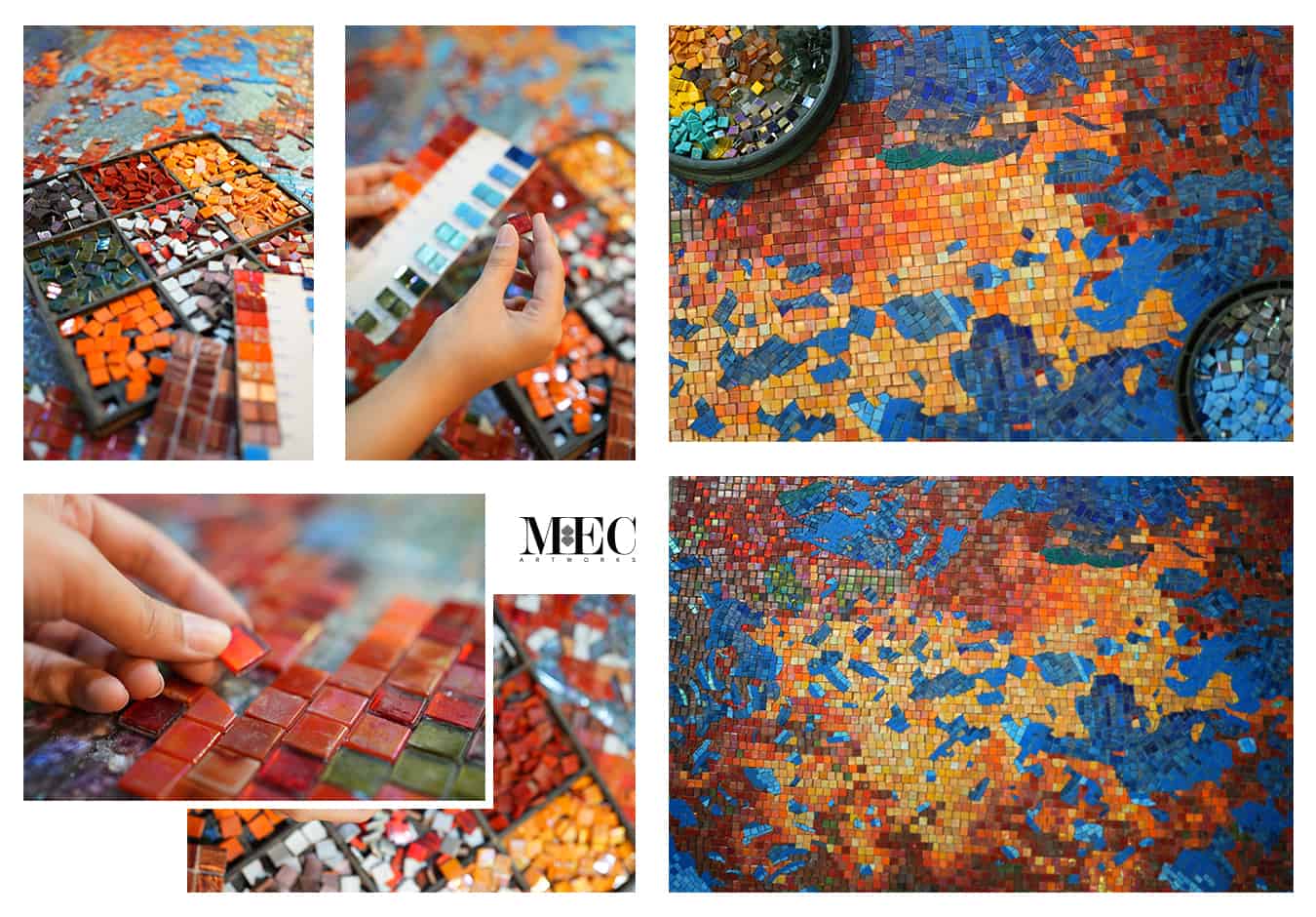 A collage of five images showcasing the process and result of creating a colorful mosaic artwork. The images include hands placing small, colorful tiles to form a design, and the completed vibrant mosaic pieces.