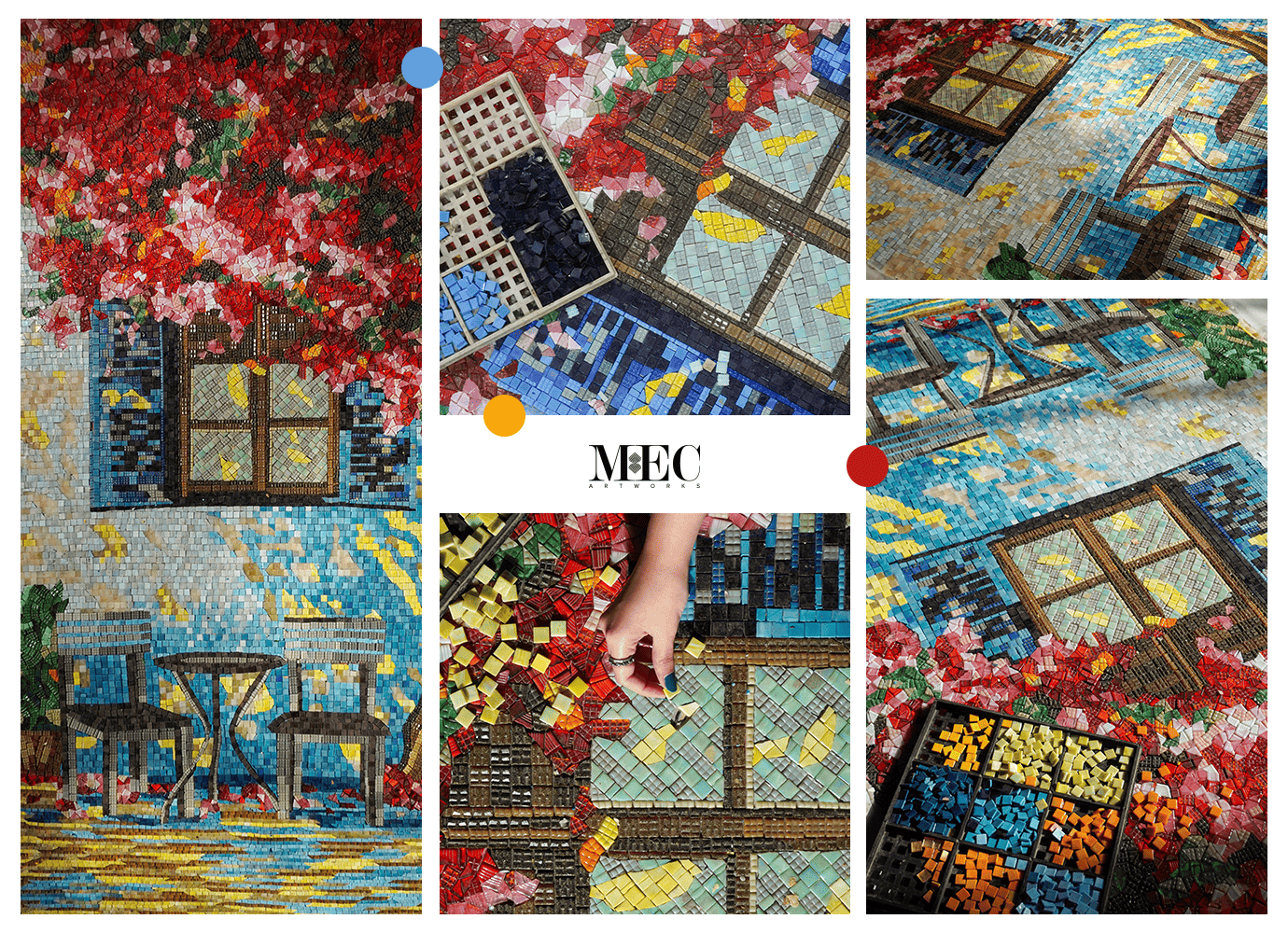 painting inspired handcrafted mosaic animals, elephants and scenery. Monochrome image with some colorful Murano glass details.