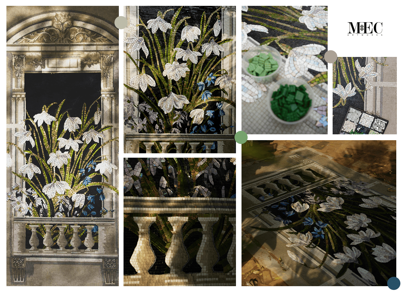 A detailed mosaic artwork depicting white flowers and green leaves set within architectural wall niches, accompanied by close-up views of the mosaic tiles and the intricate assembly process.