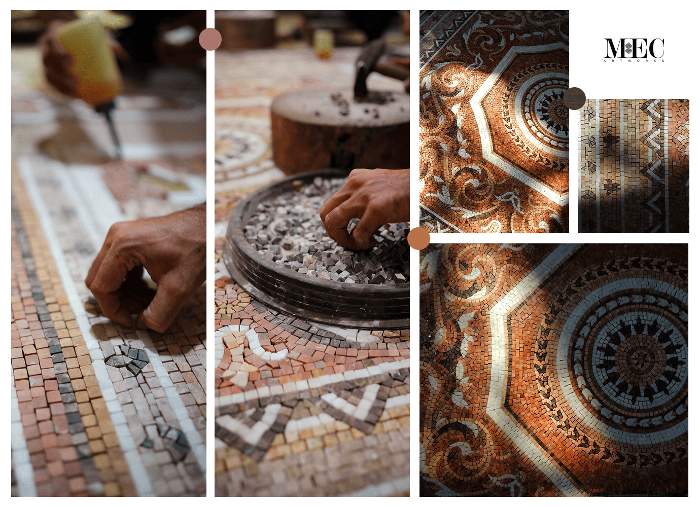 a marble mosaic rug being fabricated. the rug features intricate mosaic design that is being handcut to achieve the design details.