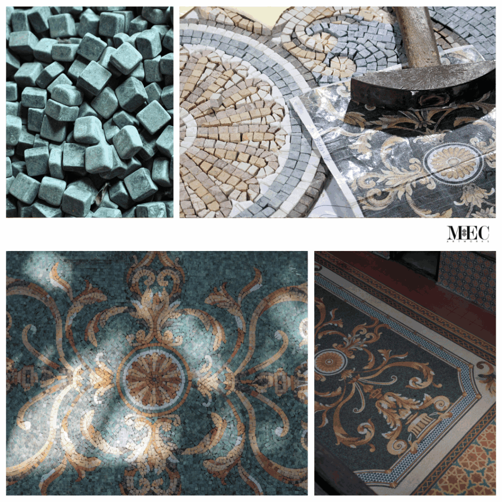 mosaic tiles marble roman rug installation bespoke by mec