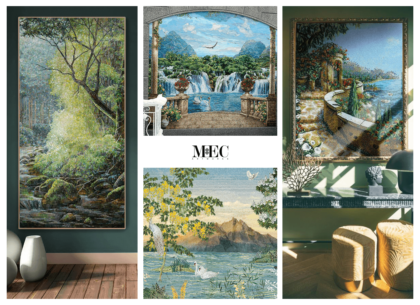 A collage of four mosaic designs depicting natural landscapes: a forest, a waterfall, a sunset, and mountains.