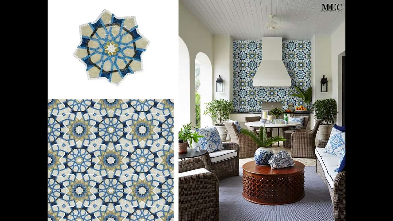 Elegant blue and beige Islamic geometric mosaic pattern, ideal for luxury walls, floors, and artistic decor.