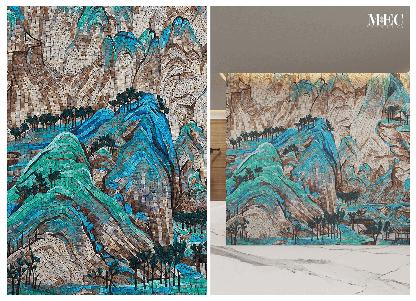 an artistic stylized mountain landscape mosaic design featuring a cool blue-green color palette