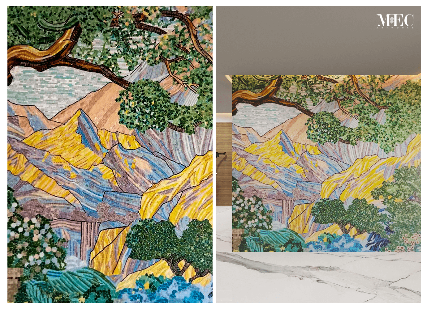 A colorful mosaic artwork depicting a scenic landscape with mountains, trees, and flowers, partially completed with tiles on the right side.