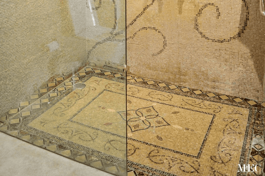 The Corfu Marble Mosaic Tile Rug featuring hand-cut marble petals and borders