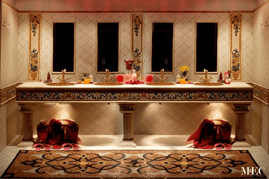 Stunning Carmine Vite Marble Mosaic Rug by MEC ARTWORKS, transforming any bathroom into a palace