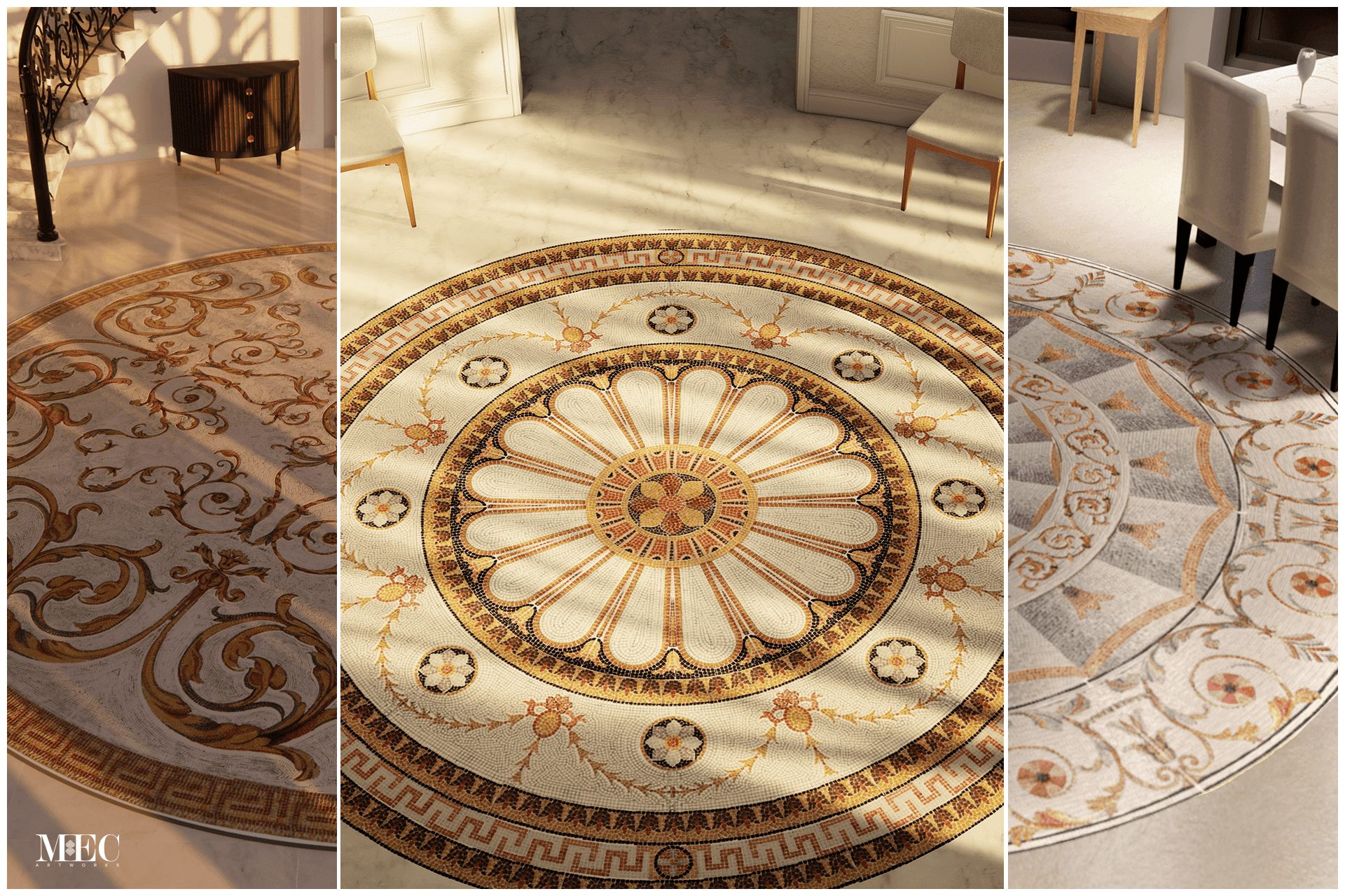 marble mosaic medallion designs collage featuring renders