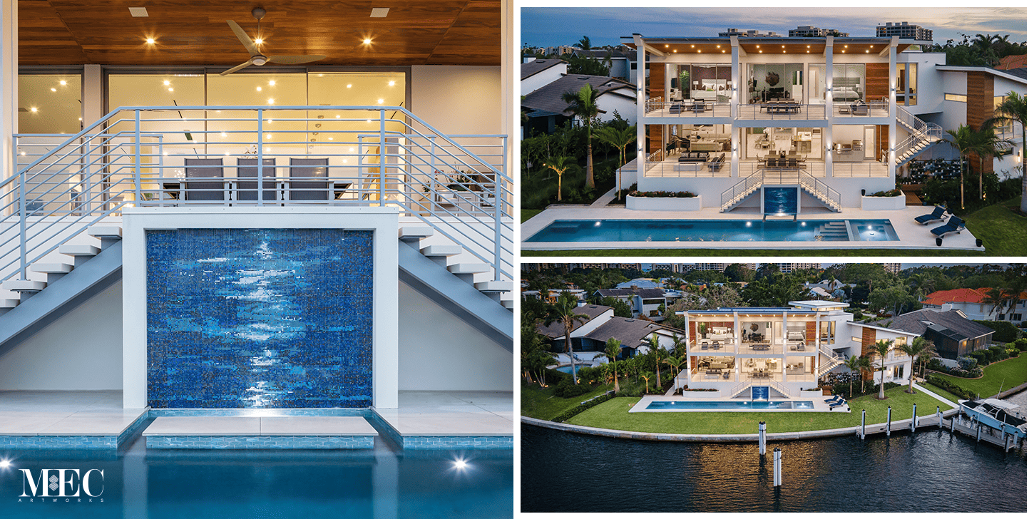 Collage of three images: luxurious houses with an outdoor mosaic pool resembling ocean tides and beautiful surrounding villas