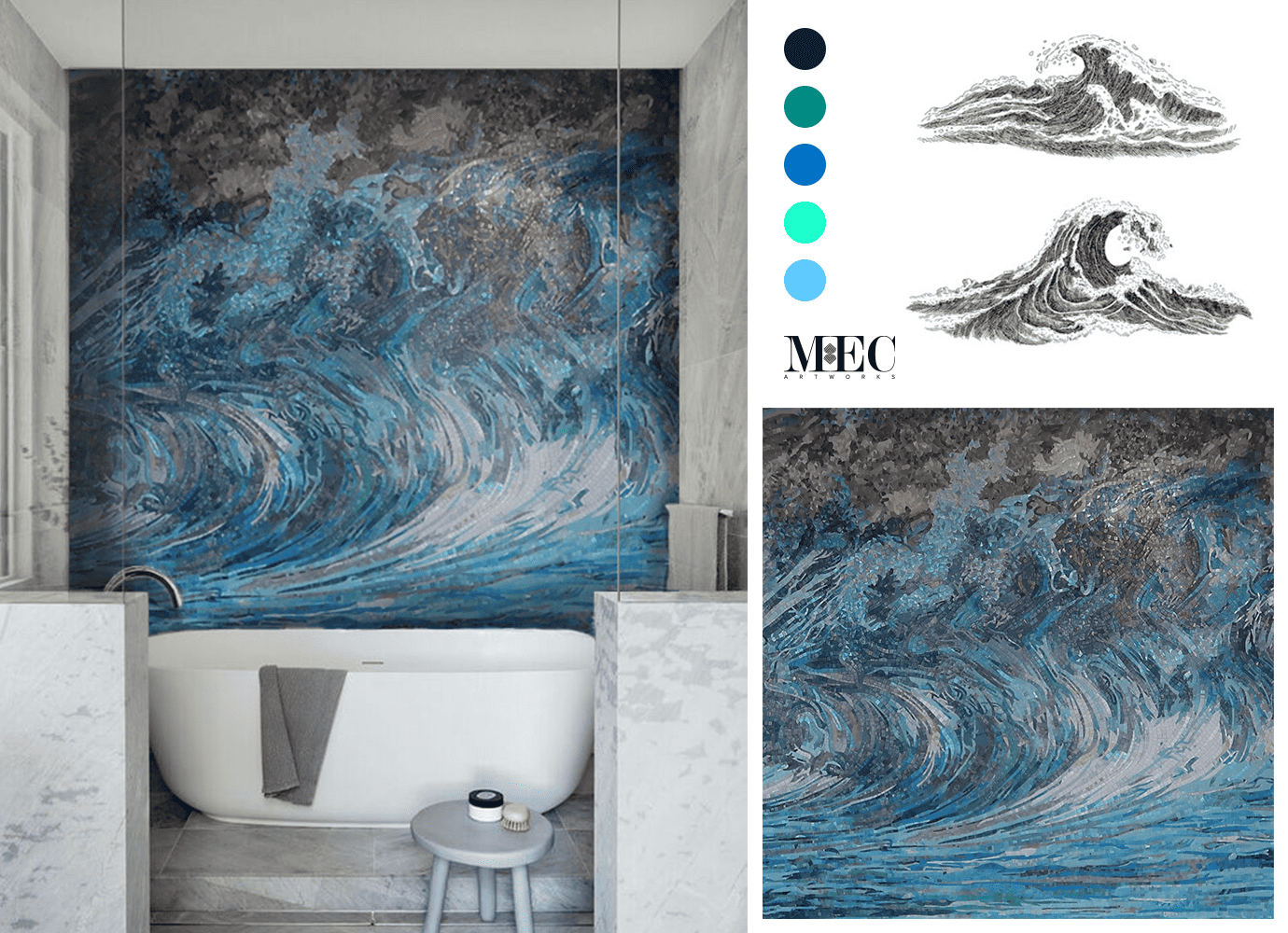 Ocean-inspired mosaic tile shower wall with soothing blue tones