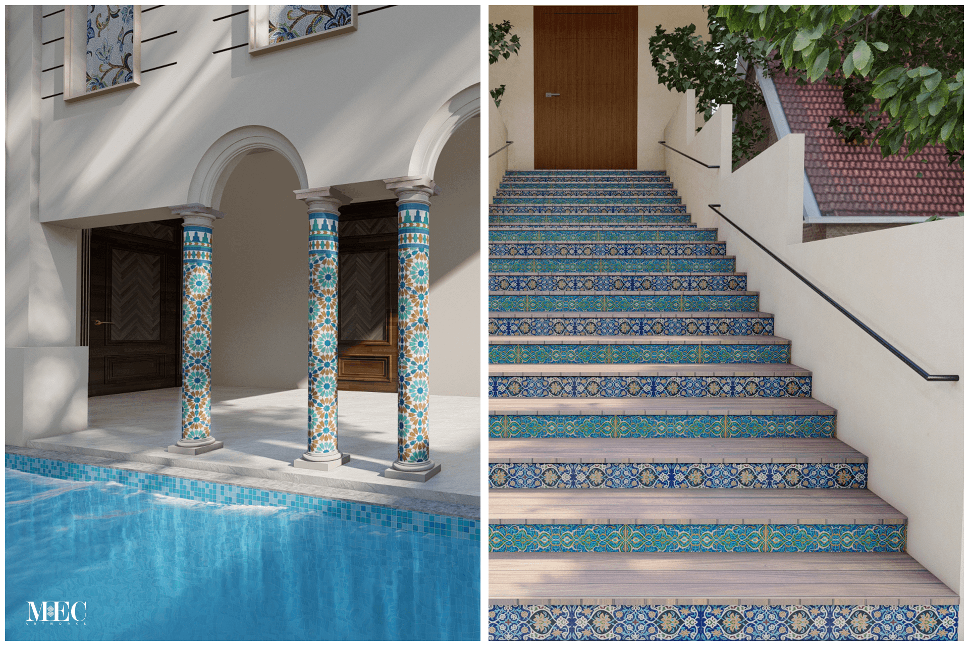 pool area column outdoor stairs moroccan zellige mosaic tiles render collage