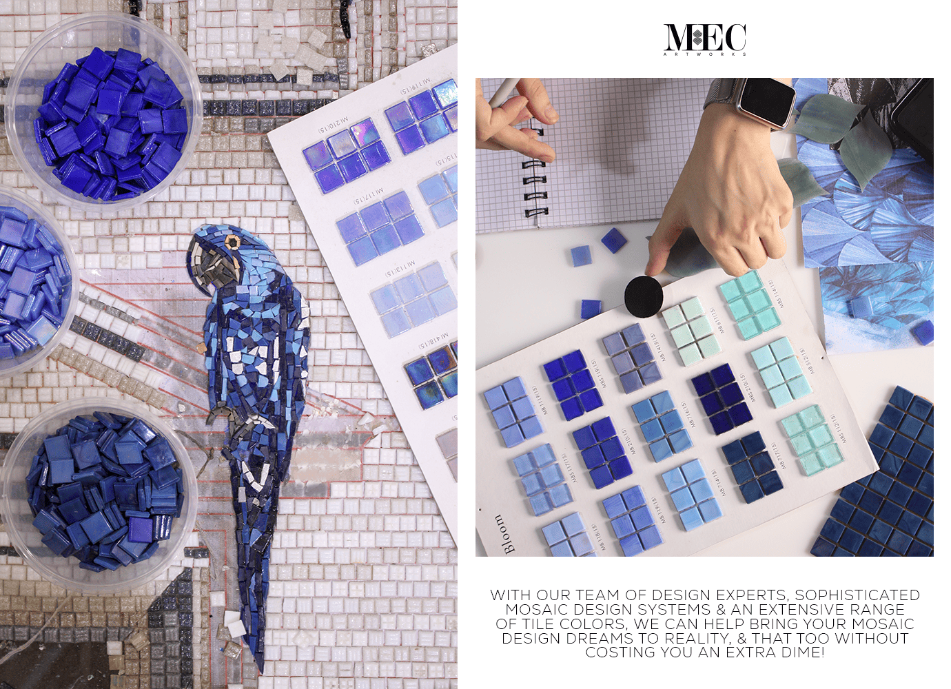 A mosaic artist assembling a blue-toned mosaic art piece of a bird, with various shades of blue tiles and design sketches visible.