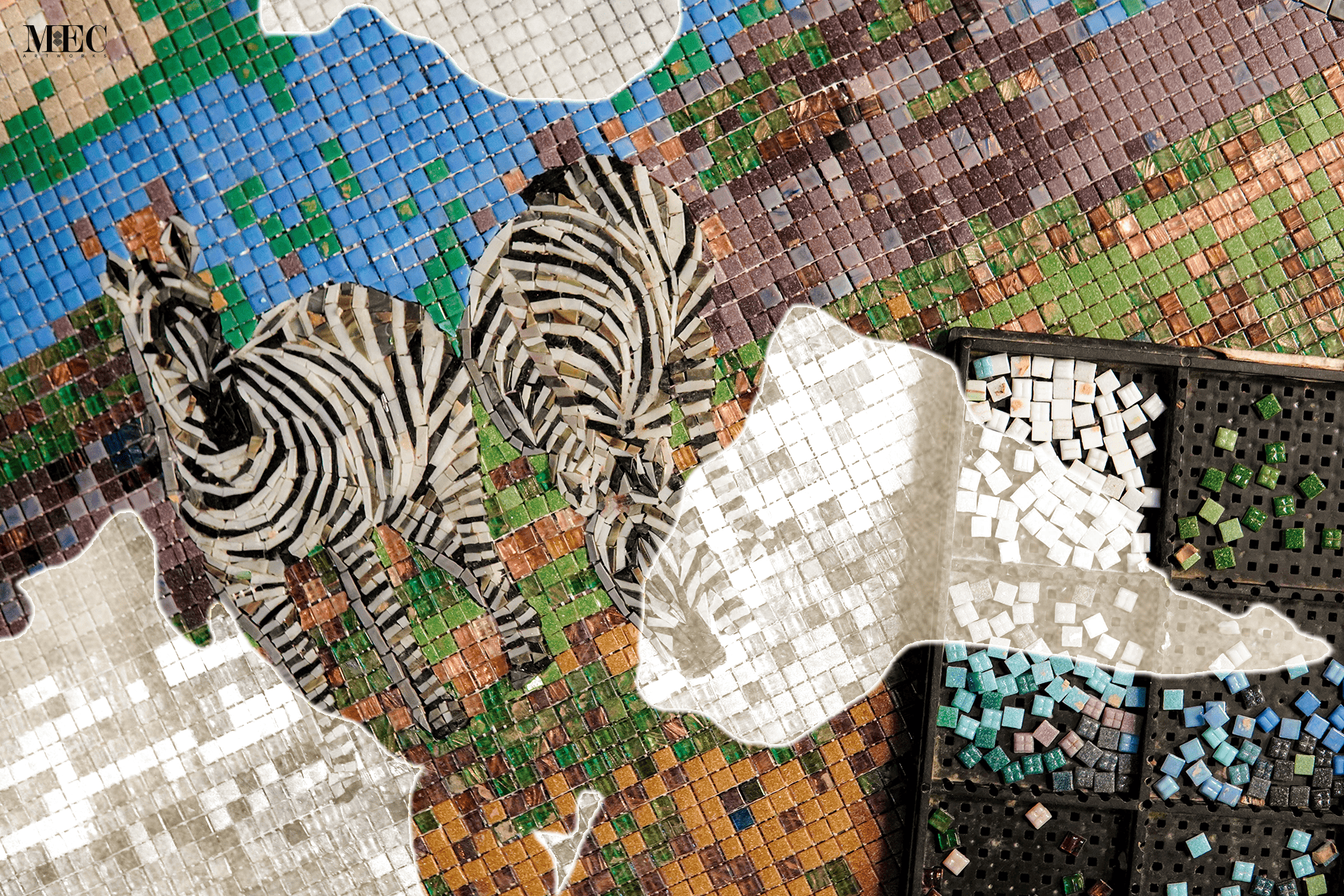 Two zebras emerge from the canvas—a striking dance of monochrome elegance against a vivid mosaic backdrop. The artist’s meticulous craftsmanship captures every detail of their iconic striped coats, while vibrant shades of green evoke the lush grasslands where these majestic creatures roam. 