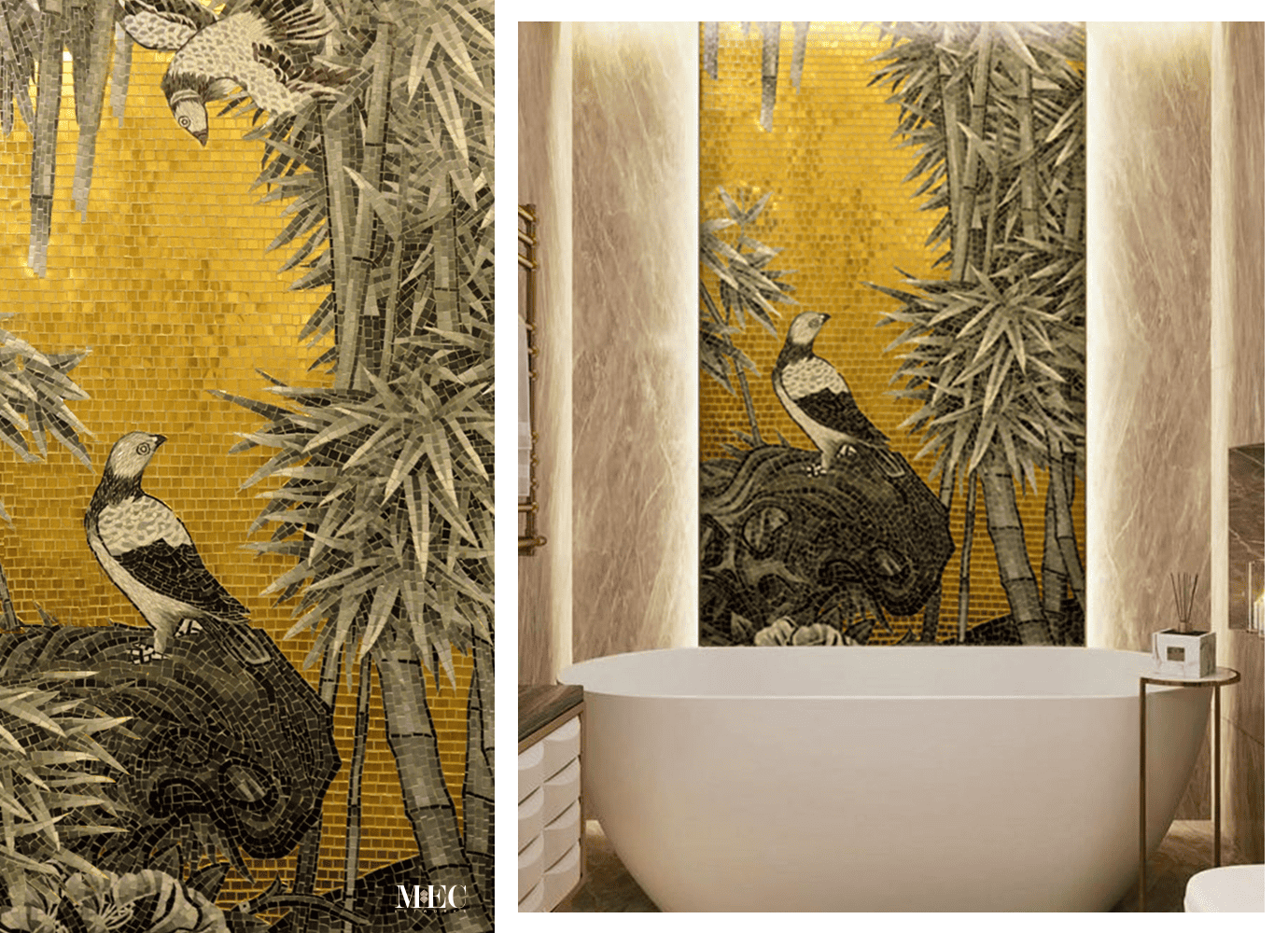 Mosaic wall art of birds and bamboo behind a modern bathtub