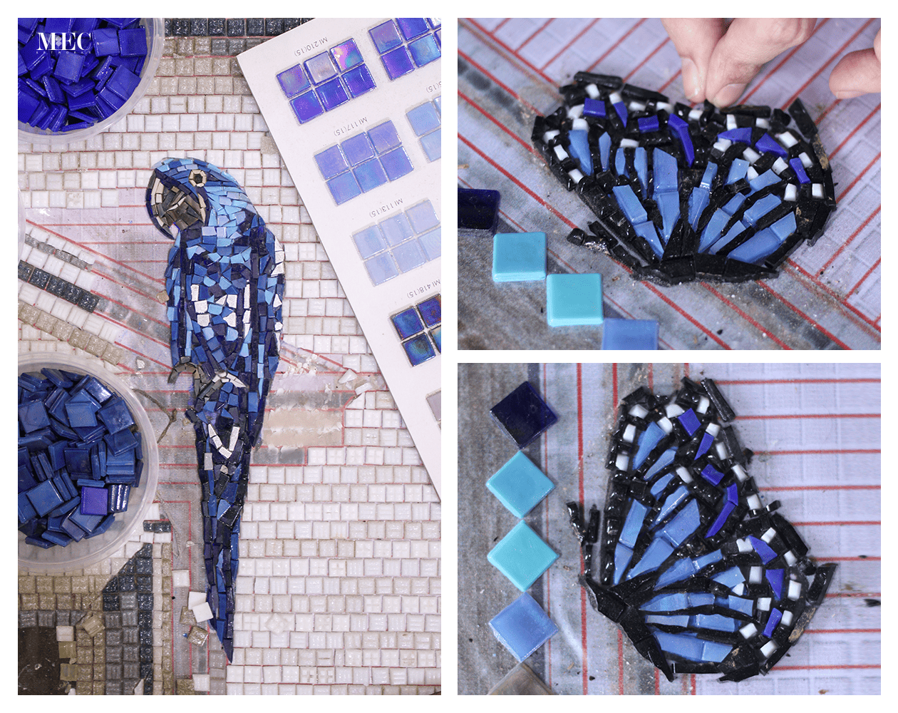 Mosaic art of a macaw in various shades of blue tiles
