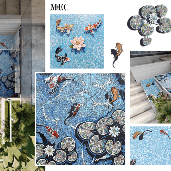 Luxurious mosaic pools adorned with intricate koi fish and blooming lilies, where serenity meets artistry.