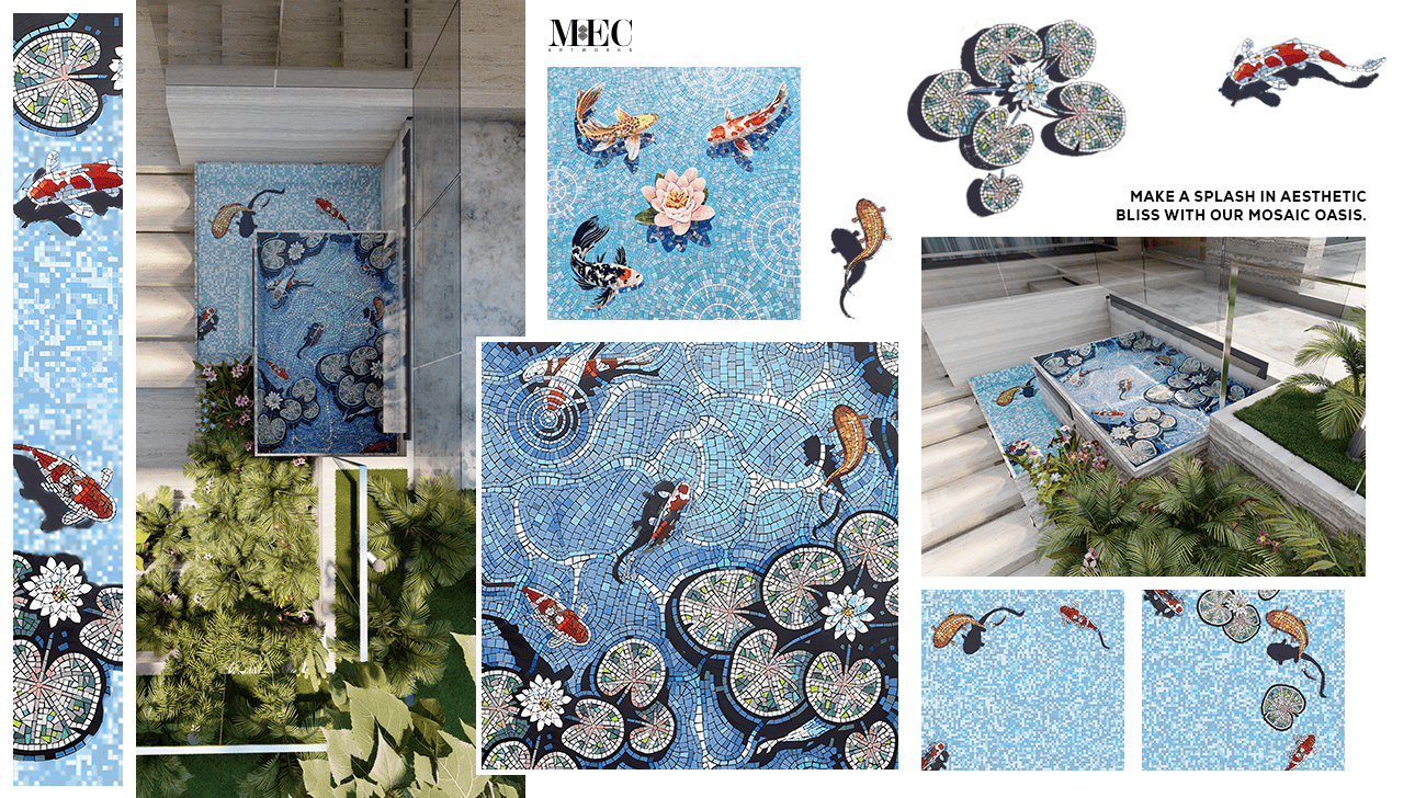 Luxurious mosaic pools adorned with intricate koi fish and blooming lilies, where serenity meets artistry.