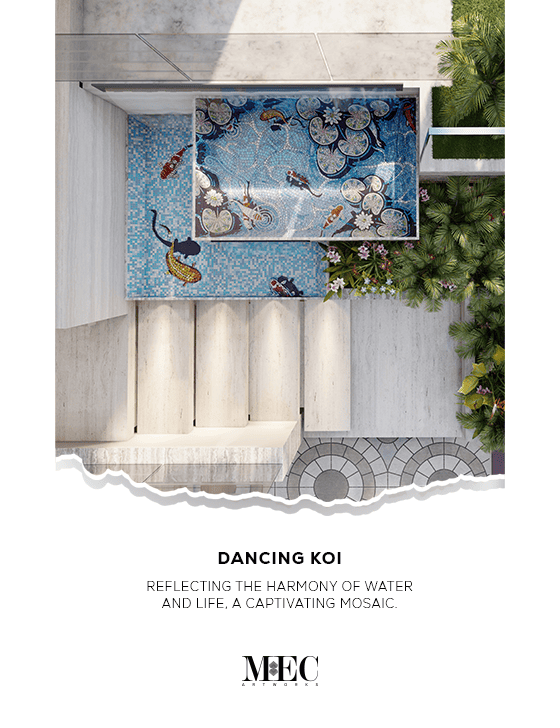 A small pool with a creative mosaic of sea life including dancing koi fish, surrounded by concrete and greenery.