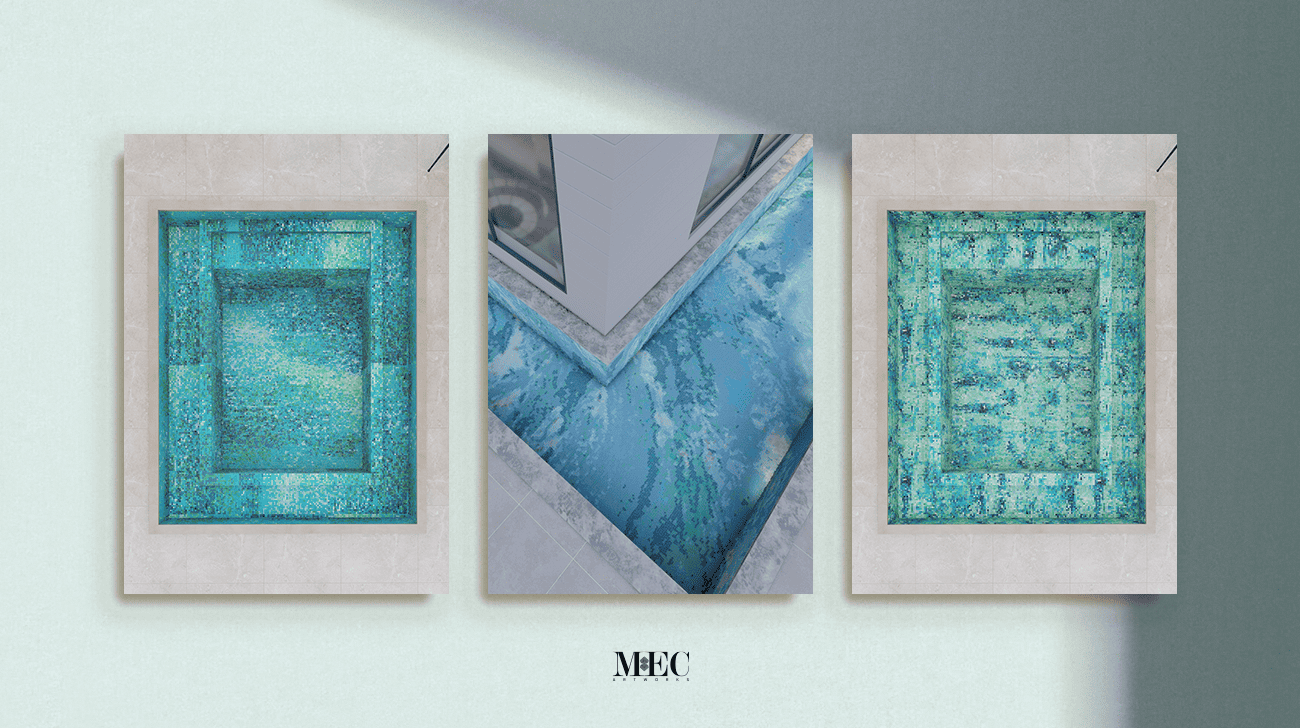 Three framed abstract mosaic art small pools images with intricate designs and texture.