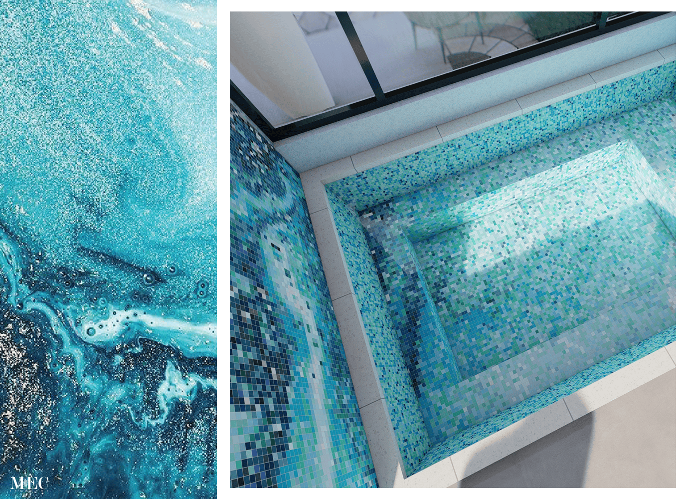 A custom mosaics for compact pools with a blue and white mosaic design, filled with clear water, reflecting natural light.