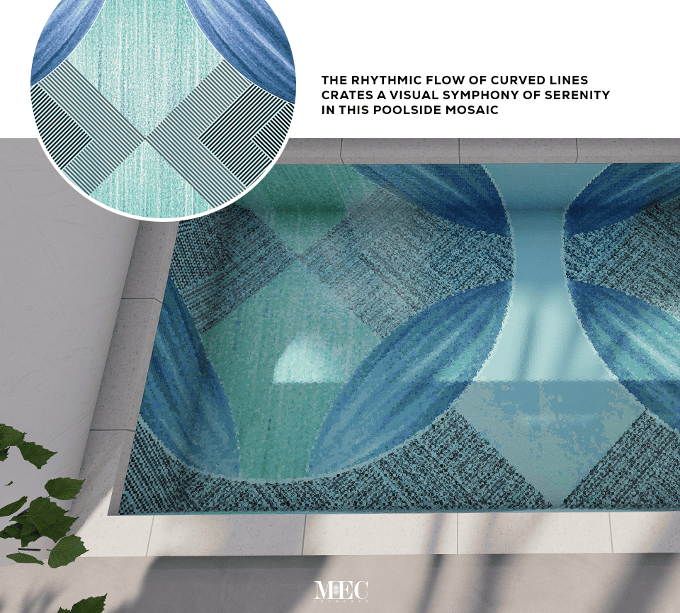 Artistic Poolside Mosaic: Curved lines, shades of blue and green, tranquility.