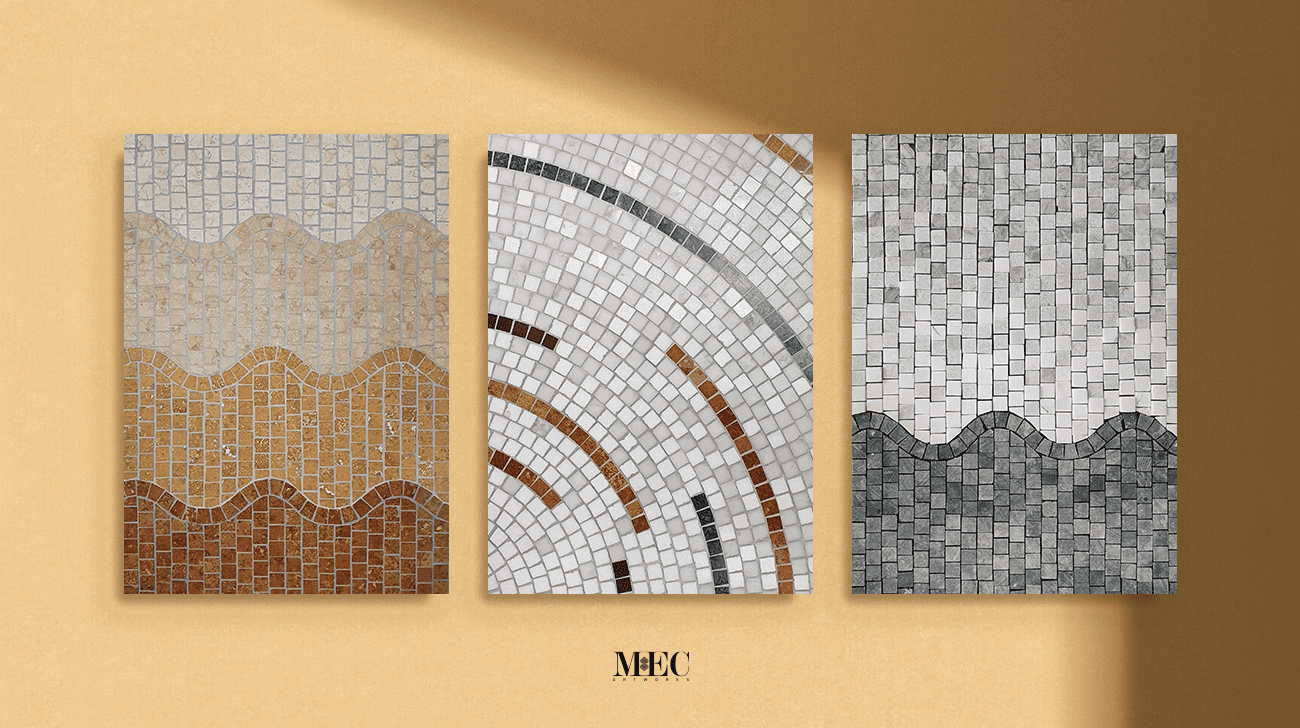 Three mosaic artworks with abstract designs, the first featuring waves, the second with curved lines, and the third with mountain-like shapes.
