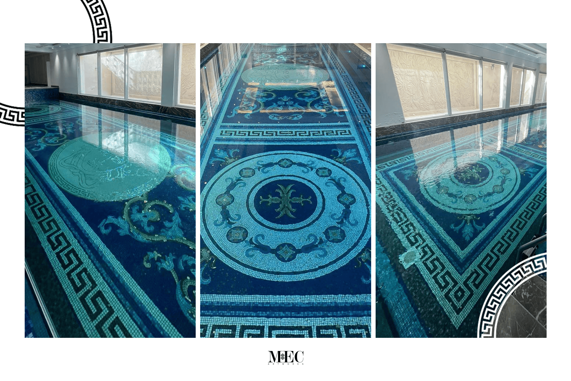 A three-panel image of a luxurious Versace Mosaic with detailed patterns and rich blue tones.