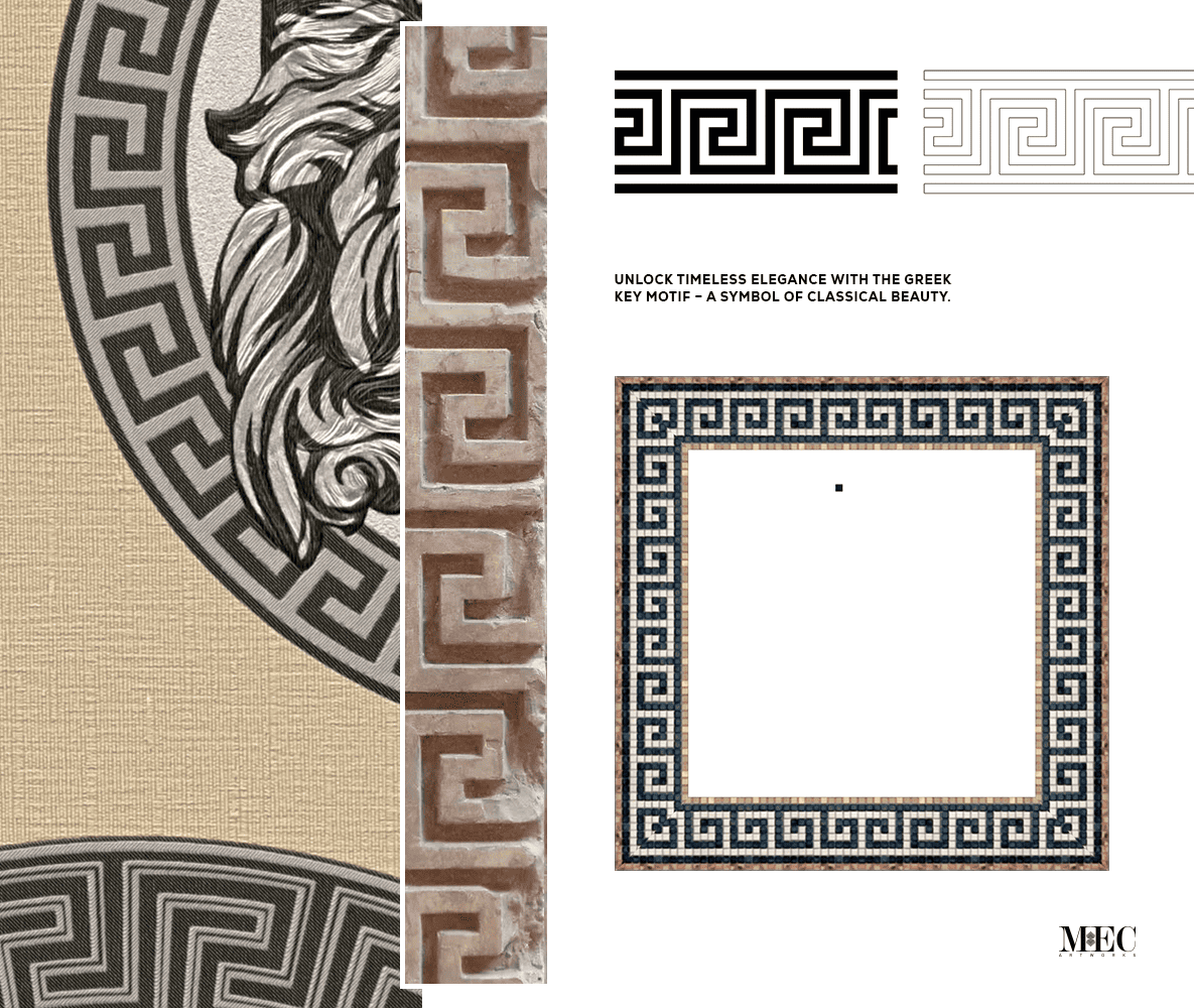 A collage of Mosaic Greek key motifs and patterns, symbolizing classical beauty.