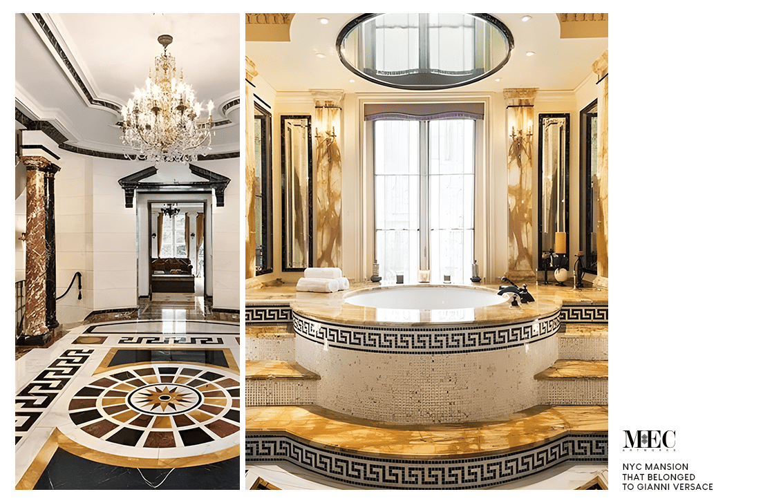 A lavish bathroom with a circular bathtub and golden accents, adjacent to a hallway featuring an elaborate floor design and chandelier, in a mansion that once belonged to Gianni Versace.