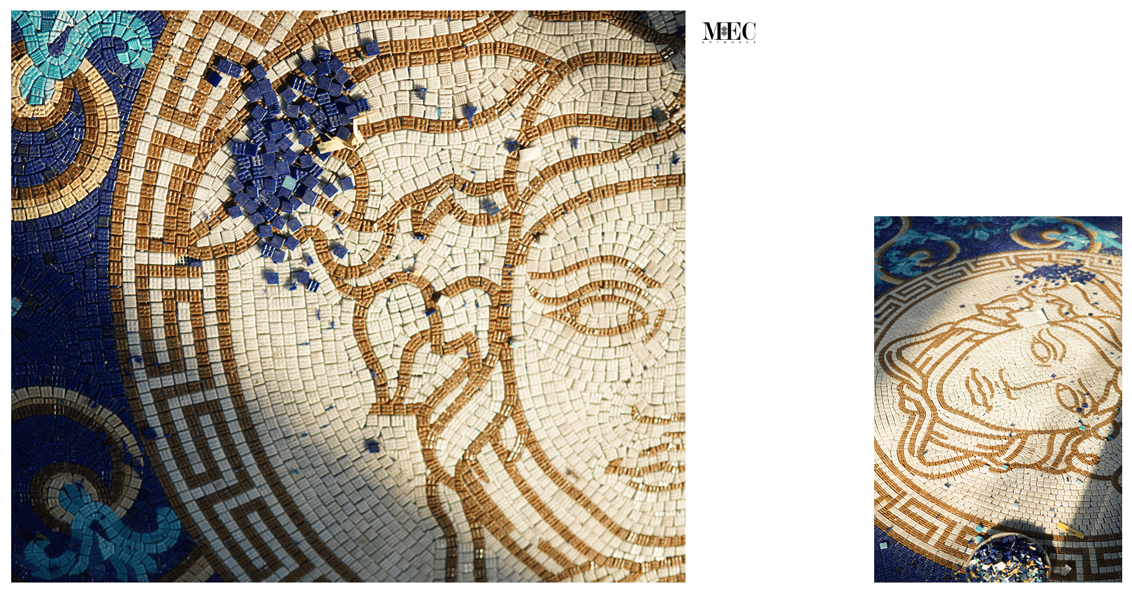 Close-up of a detailed mosaic artwork depicting a face, with some tiles missing, showcasing the beauty of art even as it ages.