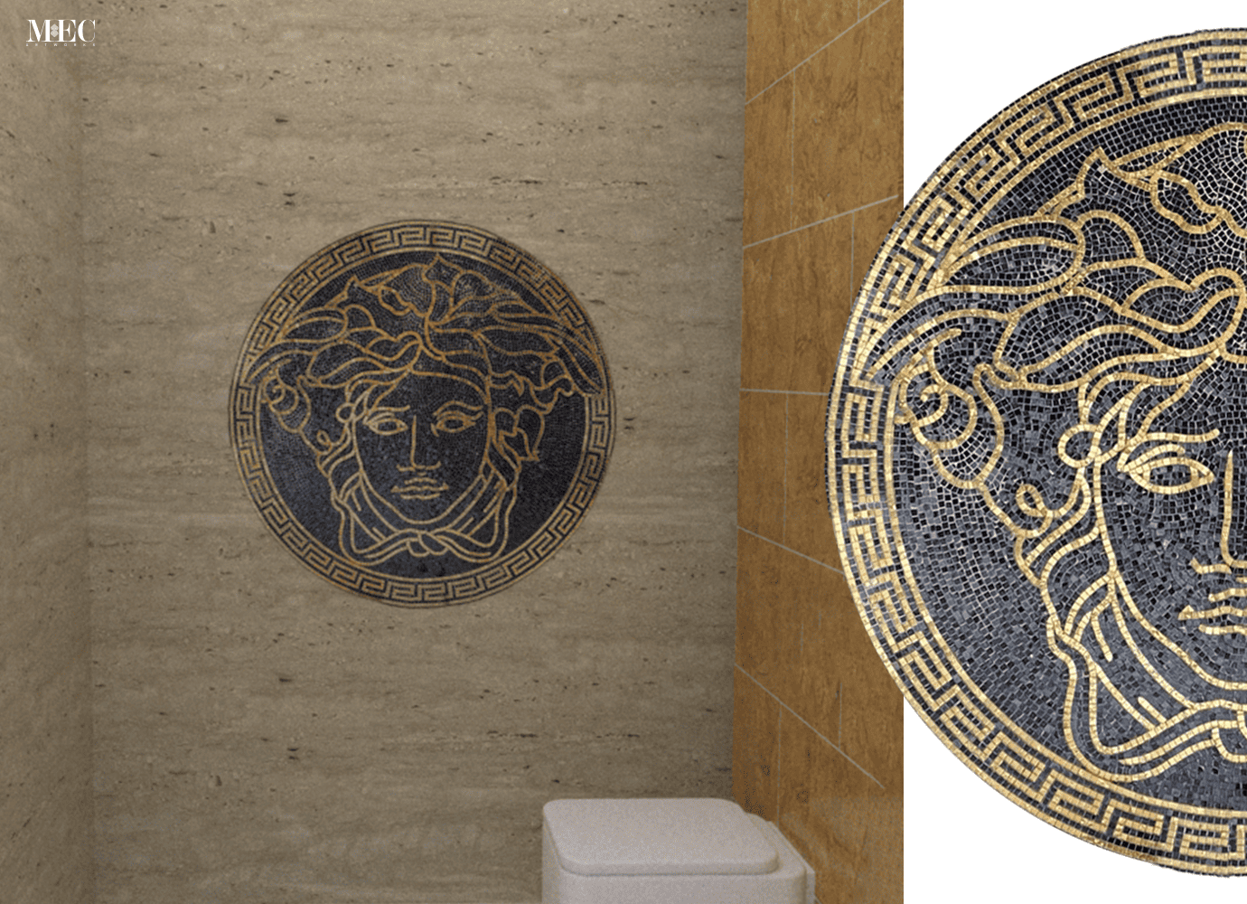 Medusa mosaic artwork on bathroom wall.