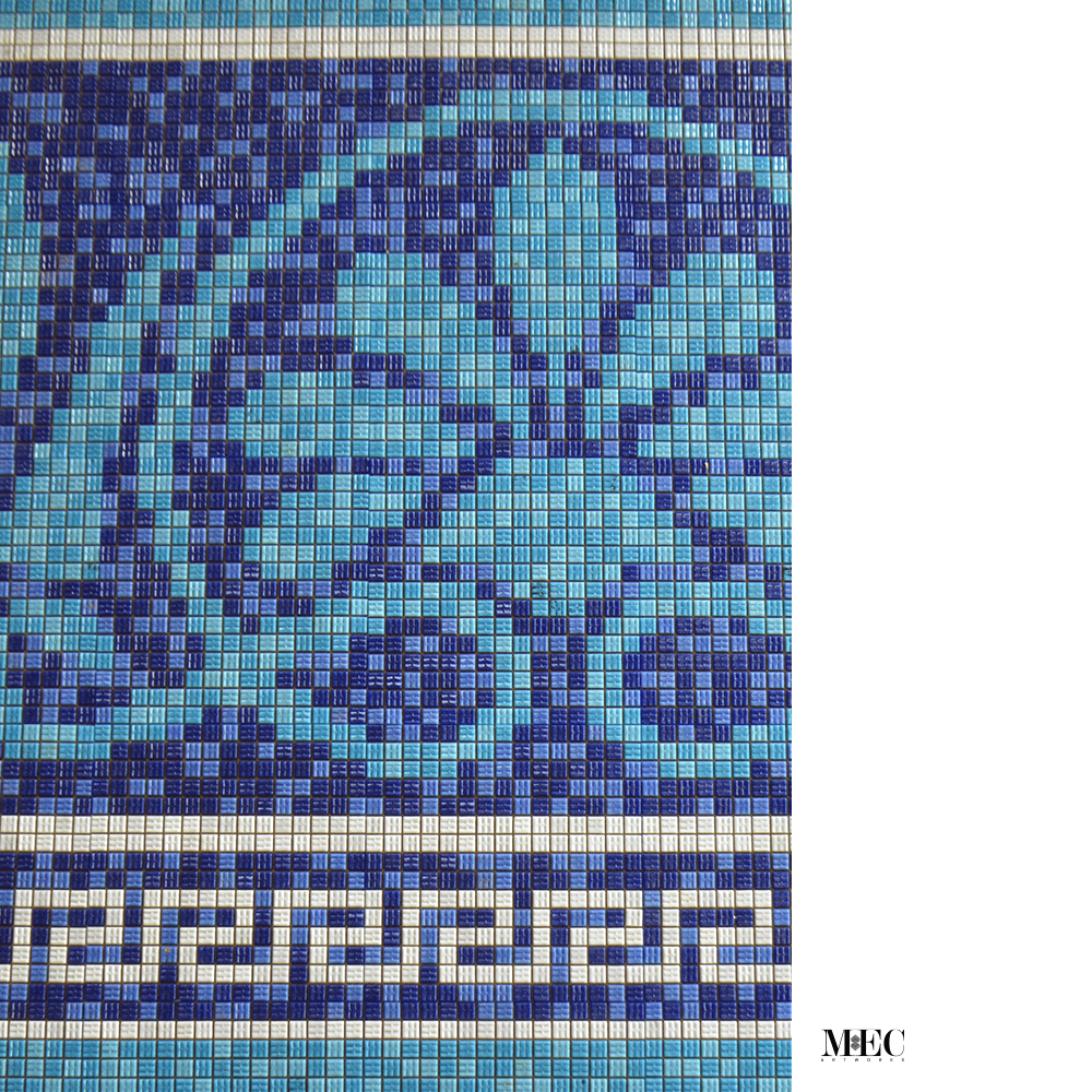 A detailed view of a blue mosaic tile artwork featuring an intricate pattern 