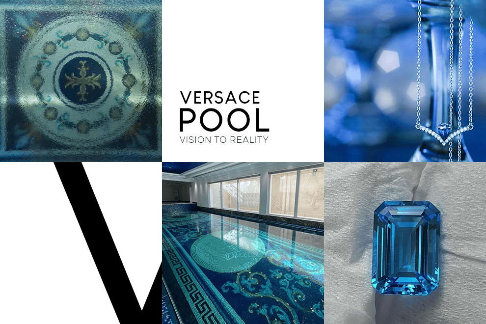 A collage showcasing the luxurious Versace Pool, adorned with intricate designs and complemented by a dazzling blue gemstone.