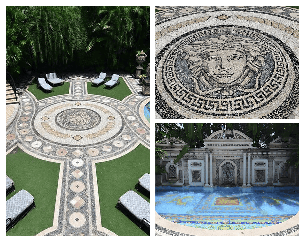 Versace Mosaic floor design in an outdoor setting with greenery and architectural elements.