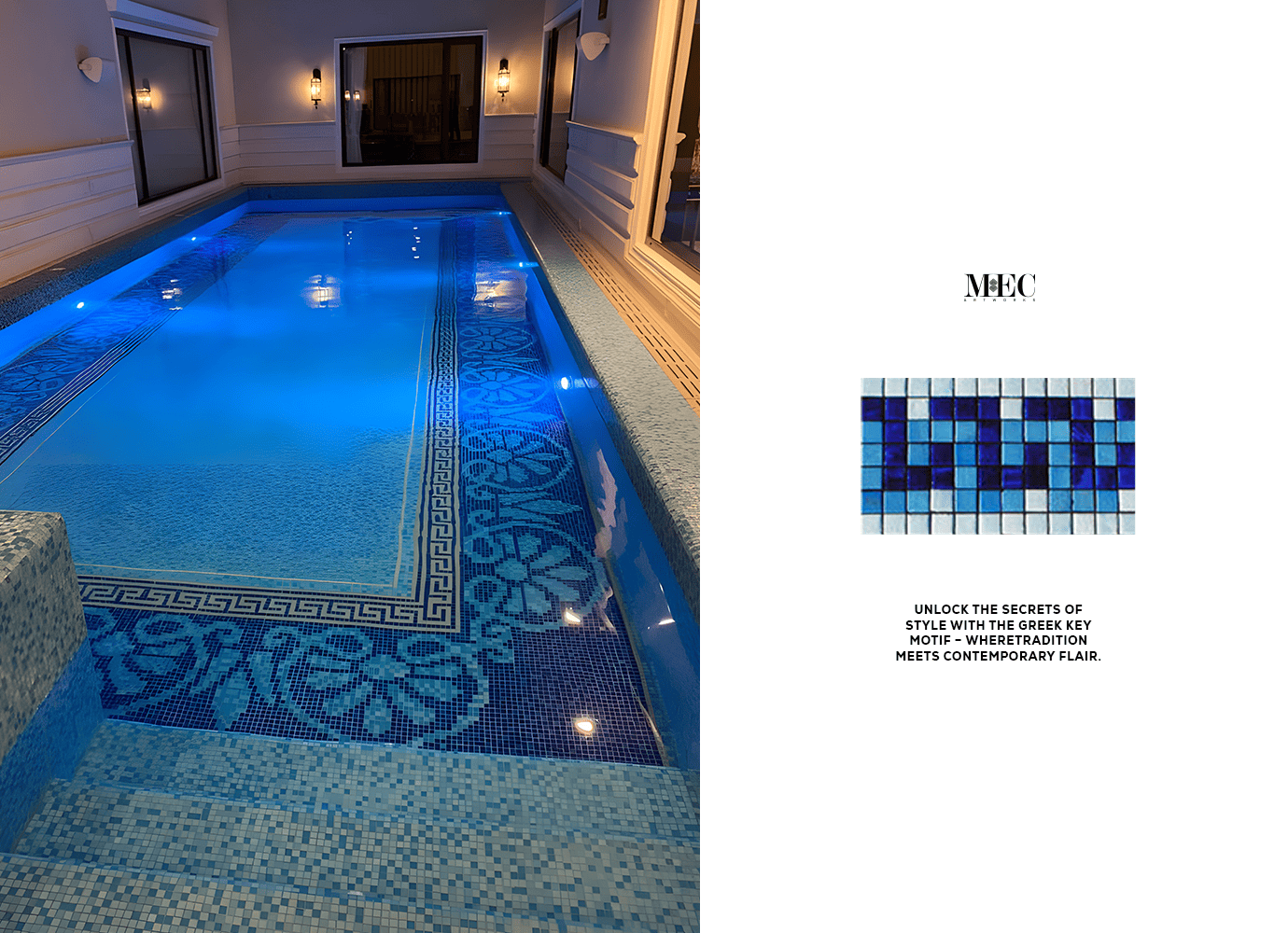 A serene pool with intricate mosaic designs, illuminated under the soft glow of evening lights, adjacent to a modern living space.