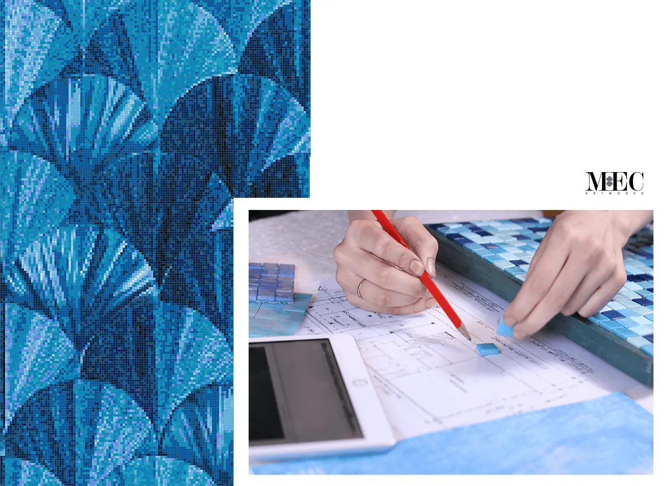 a collage showing a fishscale blue abstract pool mosaic design and manual design adjustment