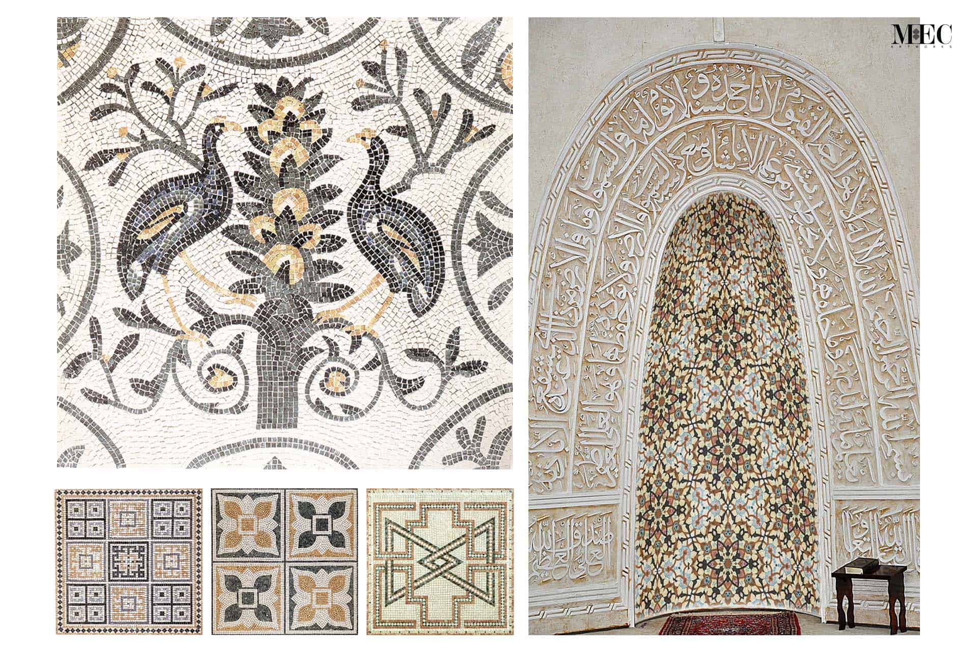 Ethnic mosaic of an islamic mosque in white and golden color