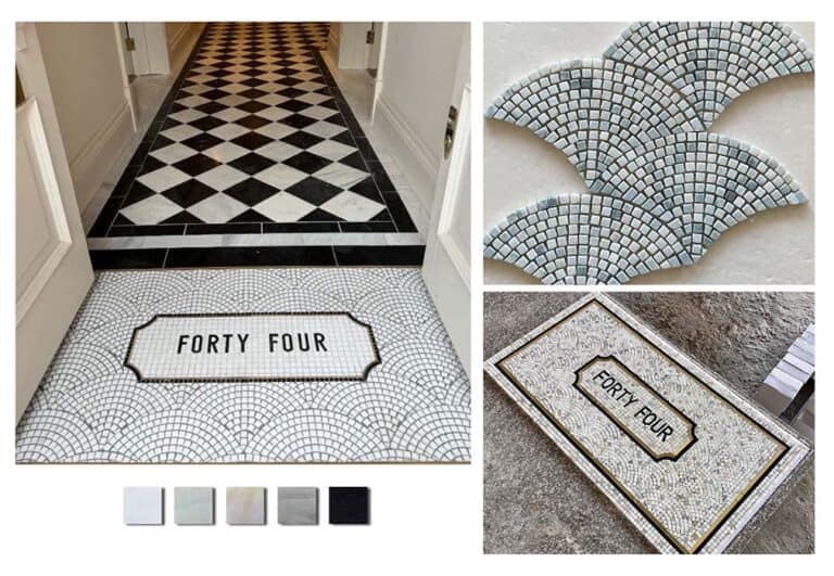 Typographic marble mosaic entrance floor plaque revised design