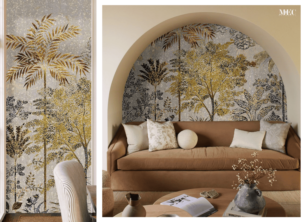 Elegant mosaic mural of trees behind sofa, blending earthy tones with a soft, modern interior.