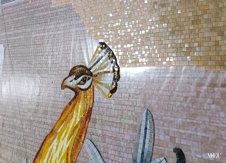 handcrafted golden peacock glass mosaic mural making process image
