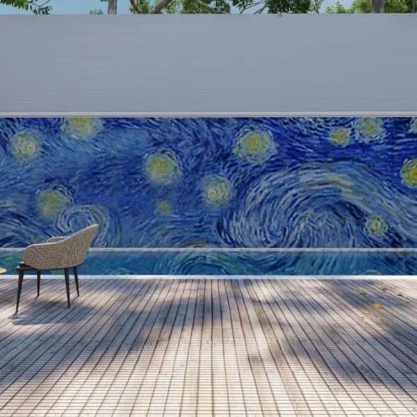 starry night mosaic pool tile art hand cut concept 3D render wall