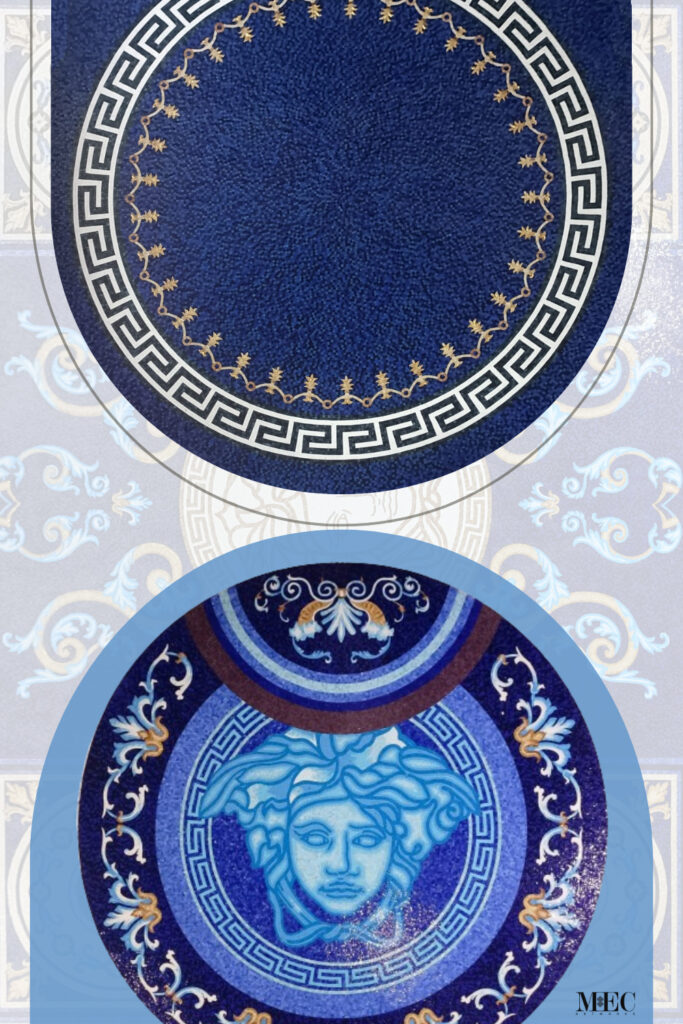 Circular mosaic design with deep blue background, Greek key border, and gold vine detailing around the center.