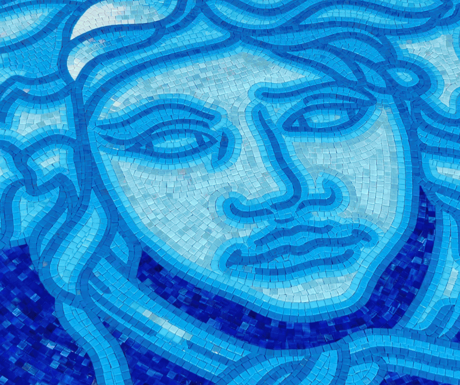Intricate square mosaic design featuring a circular central motif with gold, blue, and black ornamental patterns.